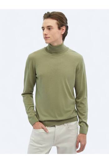 Kip Light Green Full Turtleneck Plain Knit Wool Blended Sweater Sweater