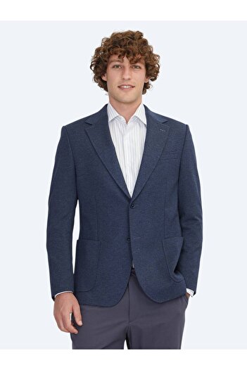 Kip Blue Striped Modern Fit Knitted Jacket