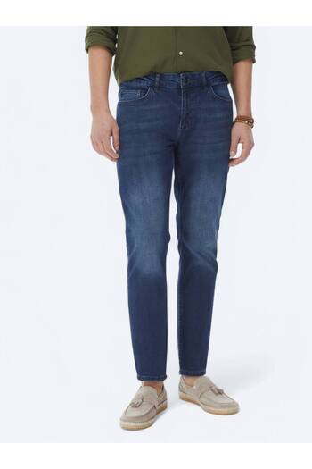 Kip Navy Blue Slim Fit Denim-Cotton Blend Trousers