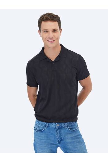 Kip Cuban Collar Black Jacquard T-Shirt