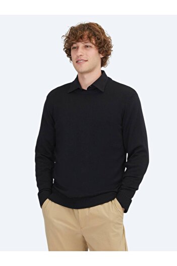 Kip Black Crew Neck Jacquard Wool Blend Sweater