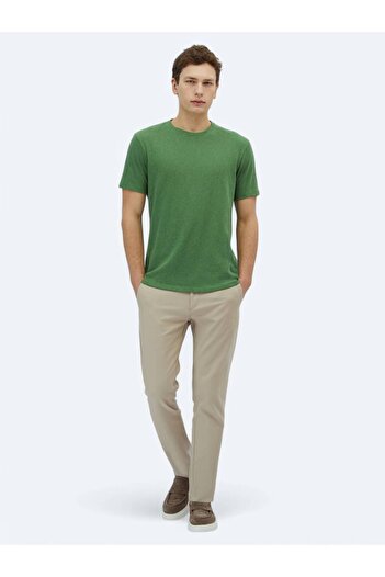 Kip Pistachio Green Plain Crew Neck Cotton Blend T-Shirt