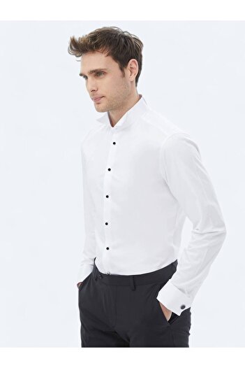 Kip Beyaz Düz Slim Fit Duble Manşet Ata Yaka Smokin Gömlek