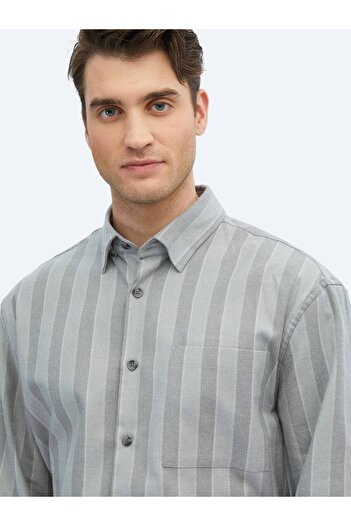 Kip Gri Çizgili Oversize Fit Dokuma Casual Pamuk Karışımlı Gömlek