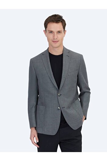 Kip Anthracite Plain Regular Fit Wool Blend Jacket