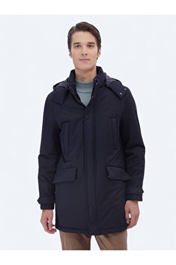 Kip Lacivert Regular Fit Kapüşonlu Casual Dokuma Kaban