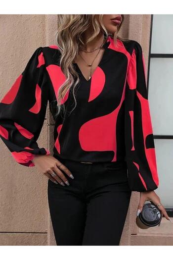 Moda Ebrar Γυναικεία μπλούζα με μακρύ μανίκι με σχέδιο μοντάλ με λαιμόκοψη σε σχήμα V