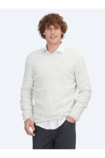 Kip Ecru Crew Neck Jacquard Wool Blend Knit Sweater