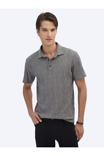 Kip Anthracite Patterned Polo Neck 100% Cotton T-Shirt