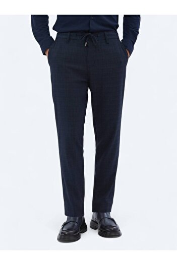 Kip Navy Blue Patterned Woven Jogging Fit Casual Trousers
