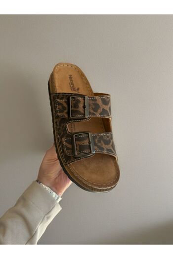 GEZER Women's High and Leather Sole Leopard Patterned Nubuck Slippers