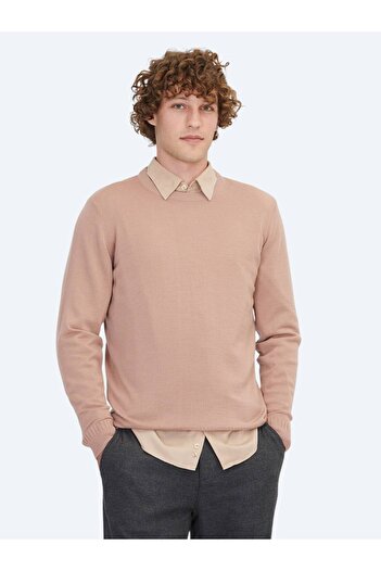 Kip Salmon Crew Neck Jacquard Wool Blend Knit Sweater