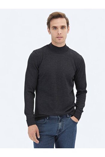 Kip Anthracite Half Turtleneck Plain Knit Wool Blended Sweater