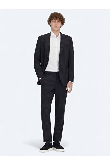 Kip Navy Blue Striped Modern Fit Knitted Suit