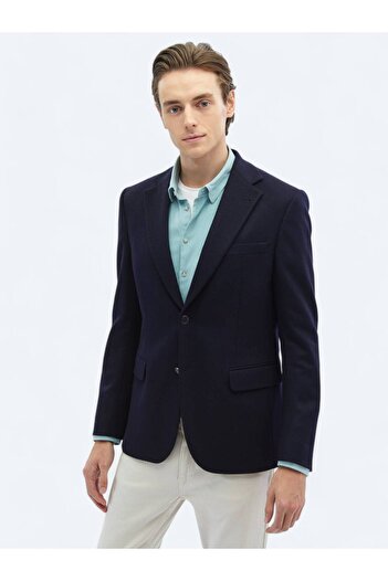 Kip Navy Blue Straight Regular Fit Wool Blended Jacket