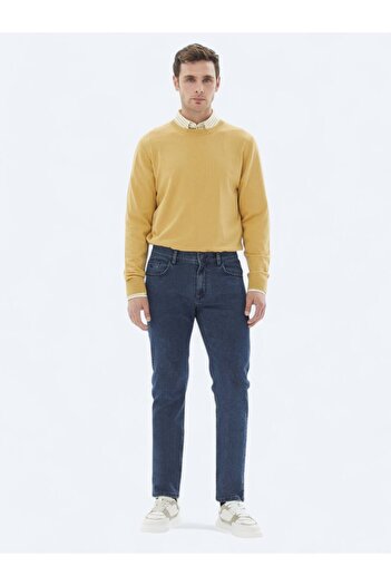 Kip Navy Blue Slim Fit Denim-Cotton Blend Trousers