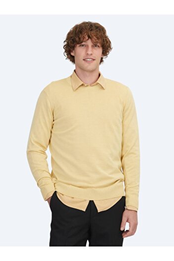 Kip Yellow Crew Neck Jacquard Wool Blend Knit Sweater