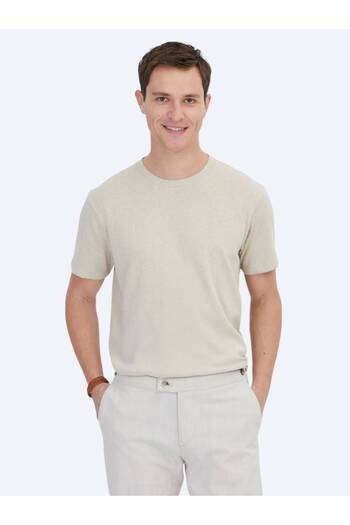 Kip Beige Plain Crew Neck Cotton Blend T-Shirt