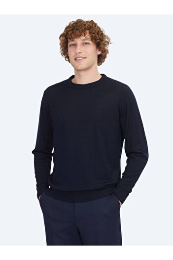 Kip Navy blue bicycle collar jacquard wool blend knit sweater