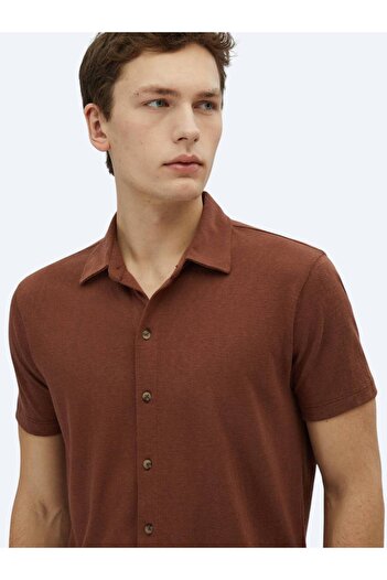 Kip Kahverengi Düz Regular Fit Casual Pamuk Karışımlı Gömlek