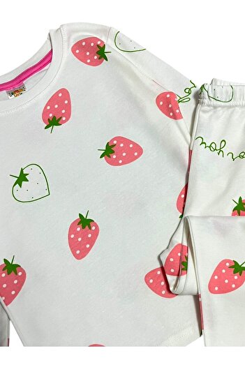 elmas kids Girls' 100% Cotton White Strawberry Patterned Patterned Long Sleeve Winter Pajamas Set