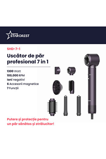 STARCREST Professional Hair Dryer SHD-7-1PP, 1300 W, 6 Accessories Included, 3 Speeds, Purple
