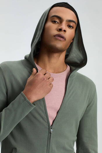 Hemington Slim Fit Haki Kapüşonlu İnce Hırka