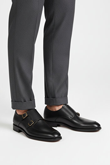 Deriderim Genuine Leather Double Buckle Classic Black Men's Shoes