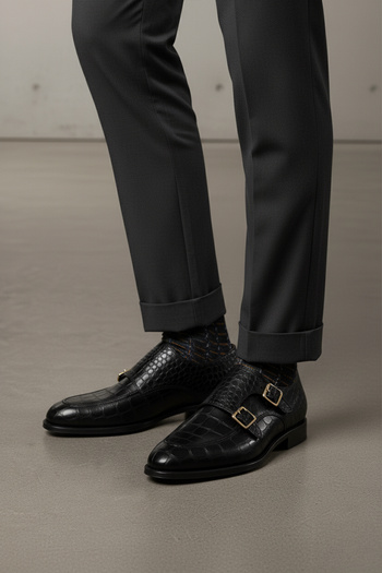 Deriderim Black Crocodile Patterned Double Buckle Genuine Leather Men's Shoes