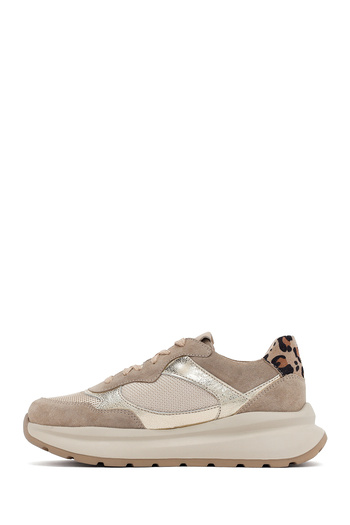 Derimod Women's Beige Lace-Up Thick Sole Leather Sneaker, Winter Sports Shoes 25Afd221014