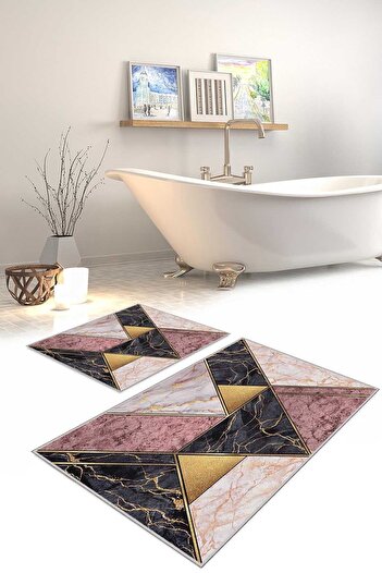 Homefesto Decorative Modern Design Non-Slip Base Double Set Bath Mat & Toilet Seat Set-2 Pieces