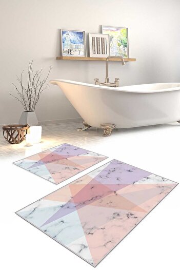 Homefesto Decorative Modern Design Non-Slip Base Double Set Bath Mat & Toilet Seat Set-2 Pieces