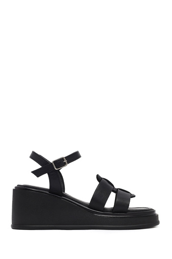 Derimod Women's Black Ankle Buckle Wedge Heeled Leather Sandals 25Sfd131518