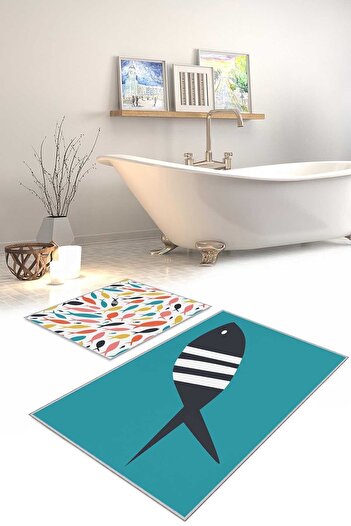 Homefesto Decorative Modern Design Non-Slip Base Double Set Bath Mat & Toilet Seat Set-2 Pieces