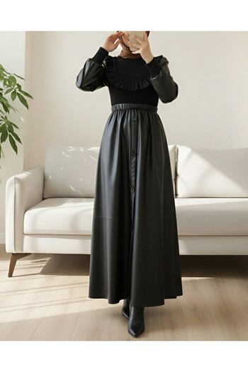 Modamorfo Front ruffled knit detailed leather dress -black