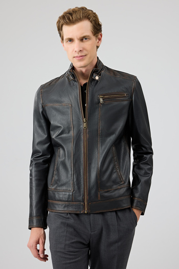 Derimod Felibe Men's Black Judge Collar Vintage Leather Jacket 25Wge6432Vd