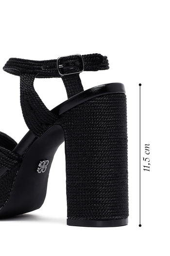Derimod Women's Black Ankle Buckle High Thick Heeled Platform Straw Sandals 25Sfd4433M7