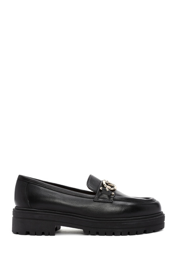 Derimod Gritti Women's Black Buckle Detailed Leather Masculine Winter Loafer Shoes 25Afd110018