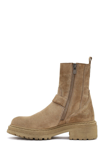 Derimod Women's Beige Zippered Thick Soled Suede Leather Boots 25Wfd183210