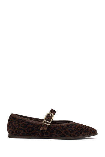 Derimod Women's Brown Leopard Patterned Buckle Suede Leather Ballerina Shoes 25Afd201510