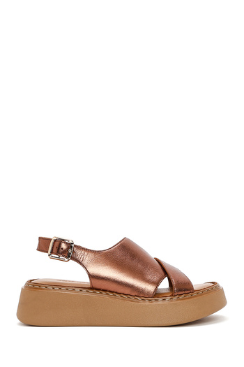 Derimod Women's Bronze Thick Soled Metallic Genuine Leather Comfort Sandals 25Sfd342332
