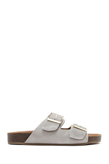 Derimod Women's Gray Double Buckle Suede Leather Slippers 25Sfd 150210