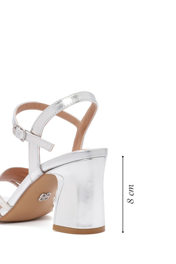 Derimod Women's Silver Ankle Strap Metallic Thick Heeled Evening Dress Shoes Sandals 25Sfe466732