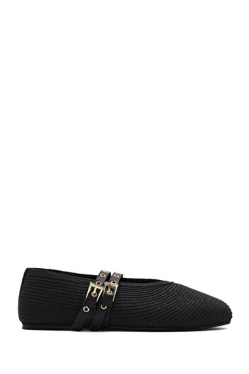 Derimod Women's Black Double Buckle Straw Genuine Leather Summer Ballerina Shoes 25Sfd1820M7
