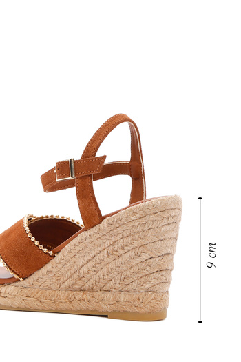 Derimod Women's Tan Ankle Strap Wedge Heeled Shoes Suede Leather Espadrille Sandals 25Sfd205910