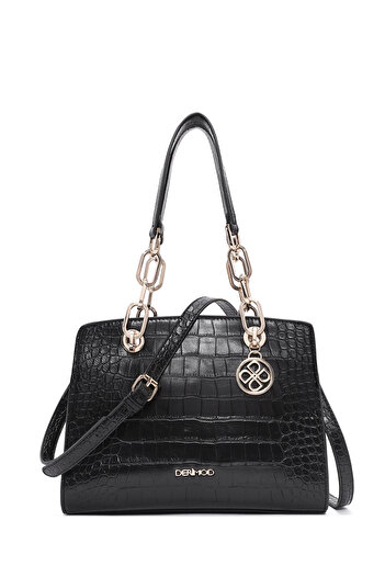 Derimod Women's Black Long Strap Crocodile Patterned Classic Shoulder Bag 25Sbd2479E3