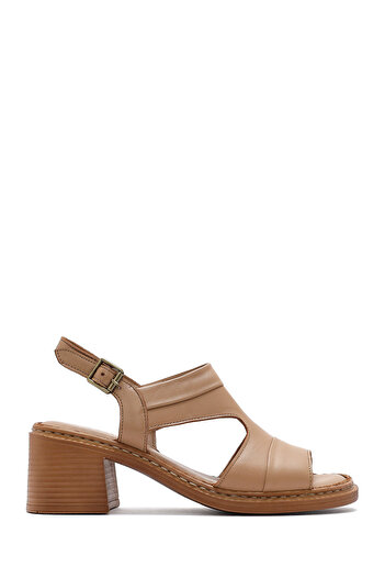 Derimod Women's Camel Ankle Strap Thick Heeled Shoes Genuine Leather Sandals 25Sfd341018