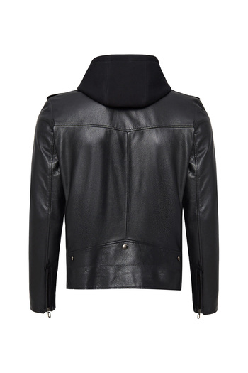 Derimod Butler Men's Black Hooded Biker Leather Jacket 24Wgf6527Ft