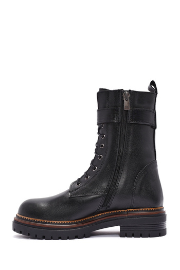 Derimod Women's Black Zippered Lace-Up Leather Boots 24Wfd 185718