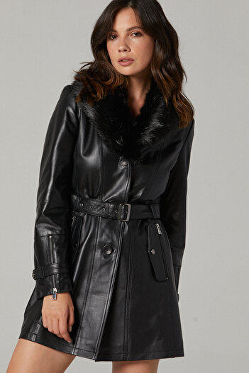 Derimod Rhoda Women's Black Furry Leather Trench Coat 20Wge58861M